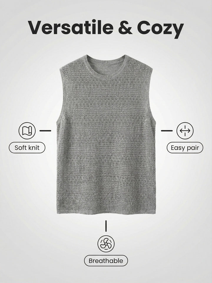 Side view of the men's relaxed fit open knit vest
