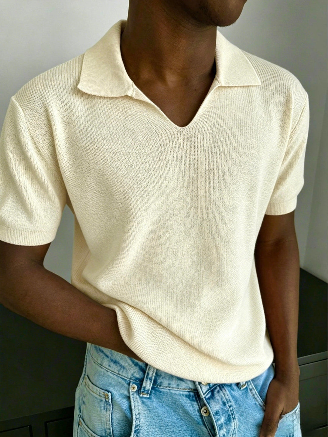 Men's ribbed Johnny collar polo shown from the front
