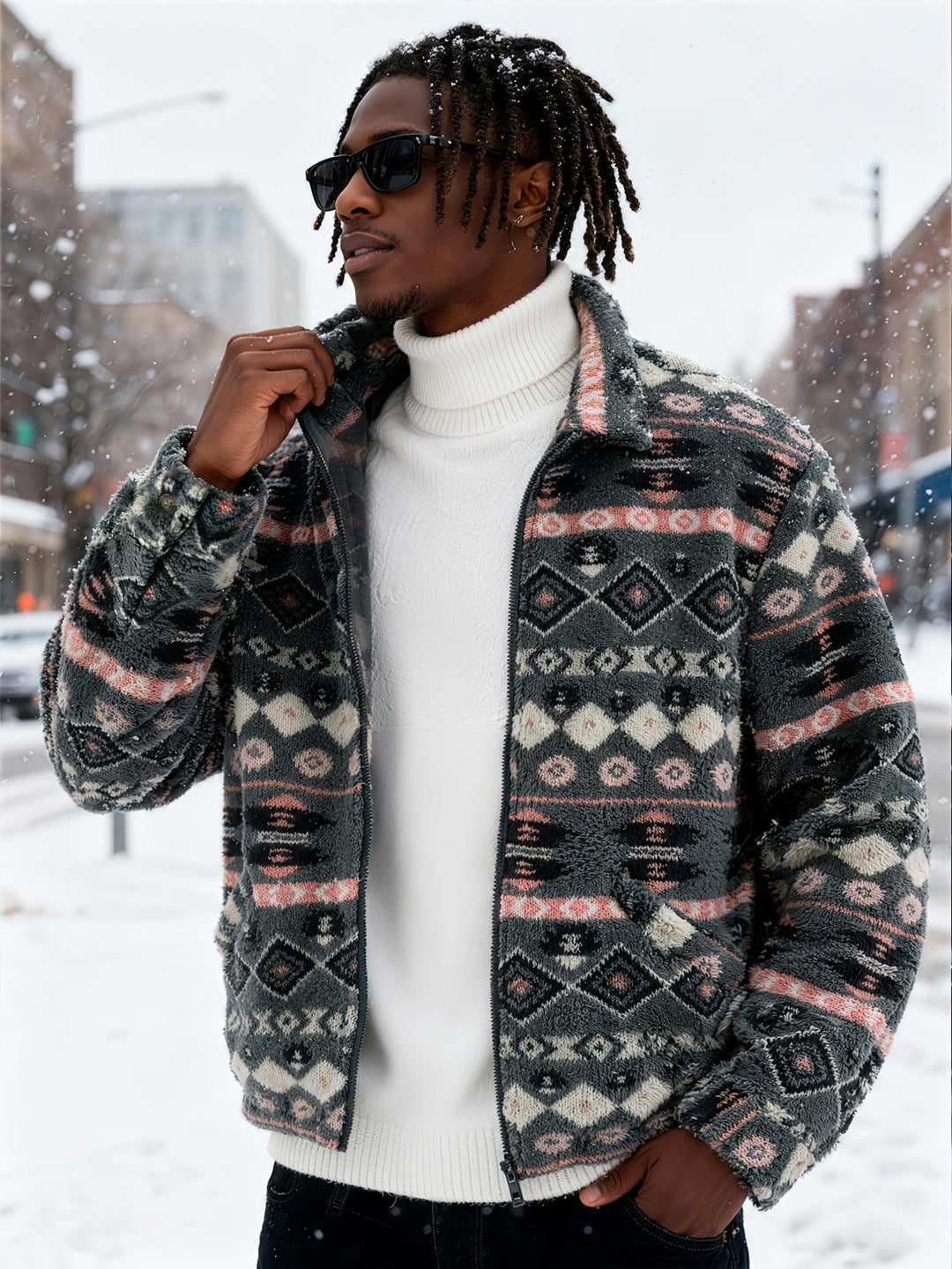 Men's fleece jacket shown with the zip partially open