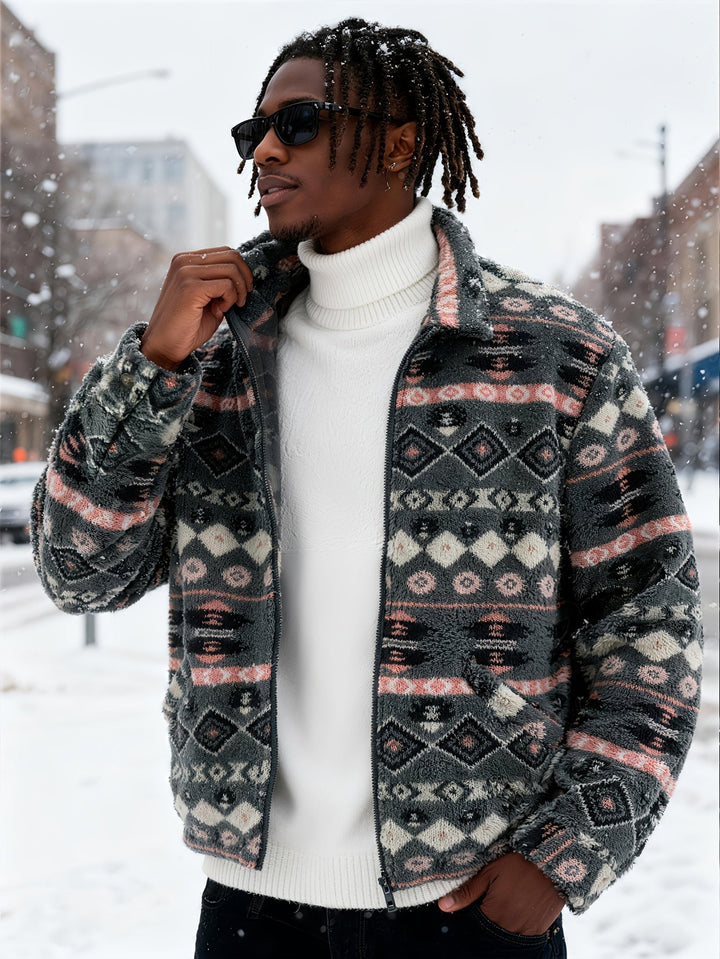 Men's fleece jacket shown with the zip partially open