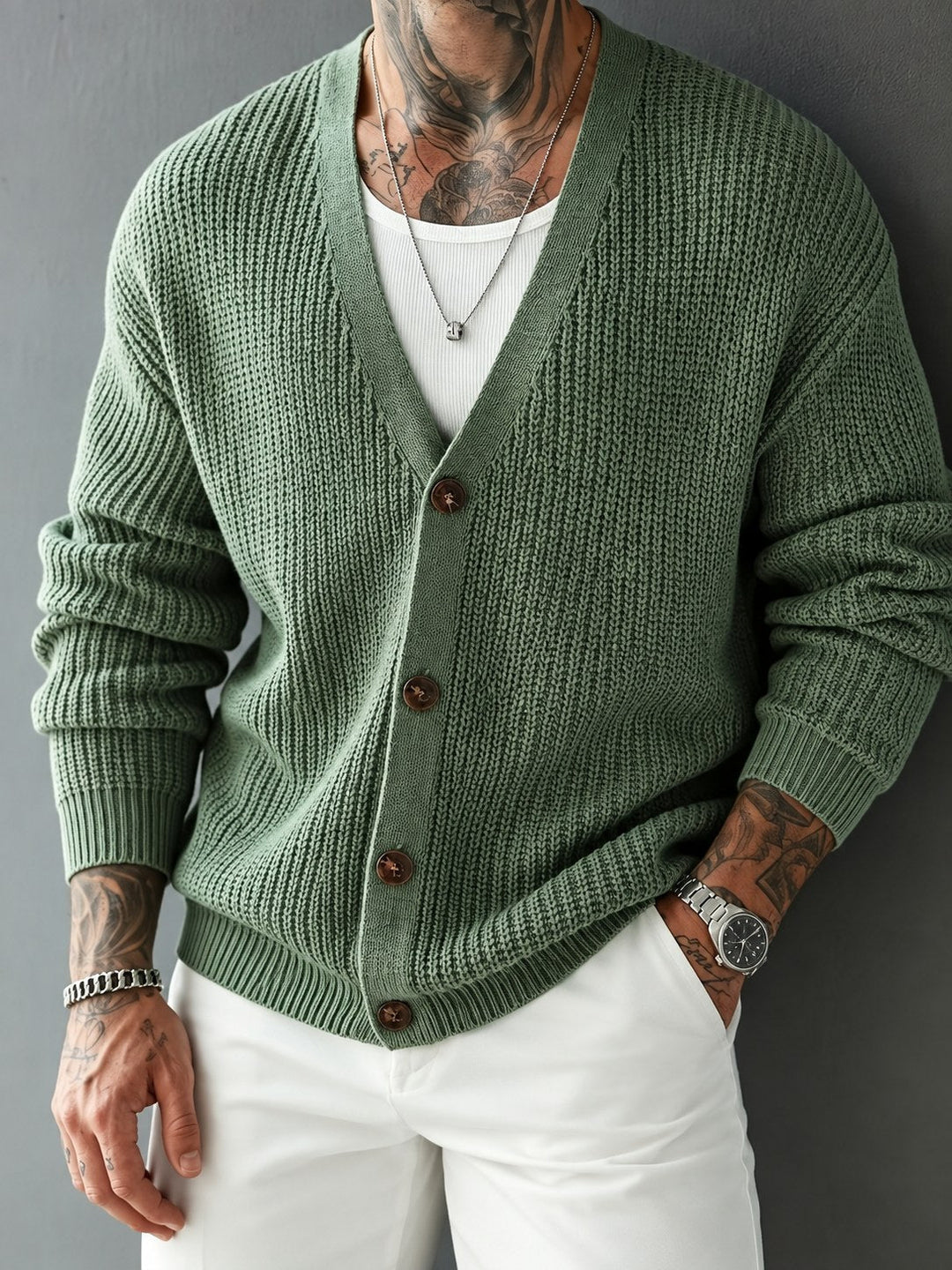 Men's rib-knit V-neck cardigan shown from the front