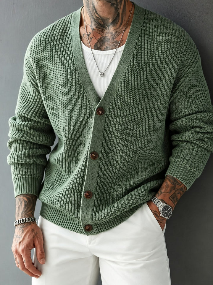 Men's rib-knit V-neck cardigan shown from the front