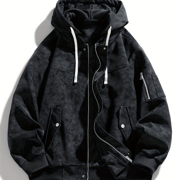 Men's sporty zip-up hooded jacket shown from the front