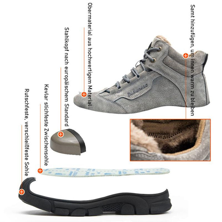 Close-up of the grey upper on a warm-lined safety shoe