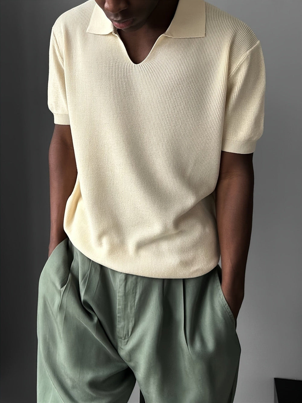 Close-up of the ribbed texture on the men's Johnny collar polo