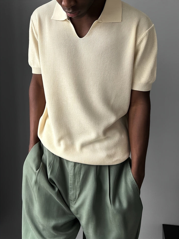 Close-up of the ribbed texture on the men's Johnny collar polo