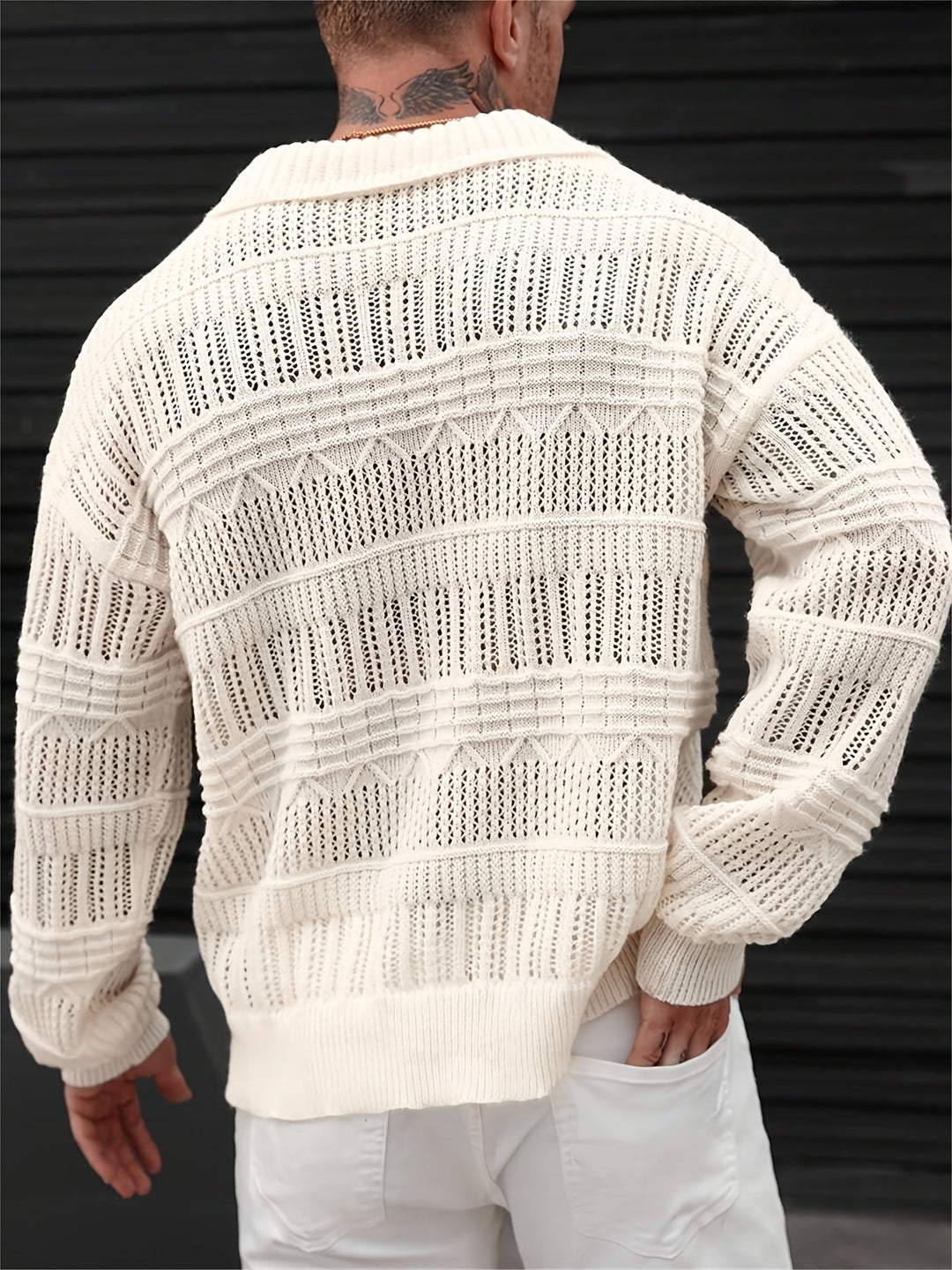 Men's lattice open knit polo shirt shown from the back