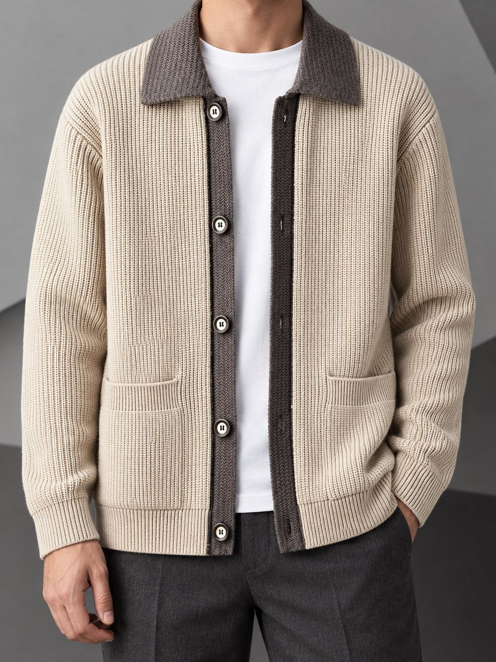 Close-up of the cardigan's ribbed knit texture and contrast collar