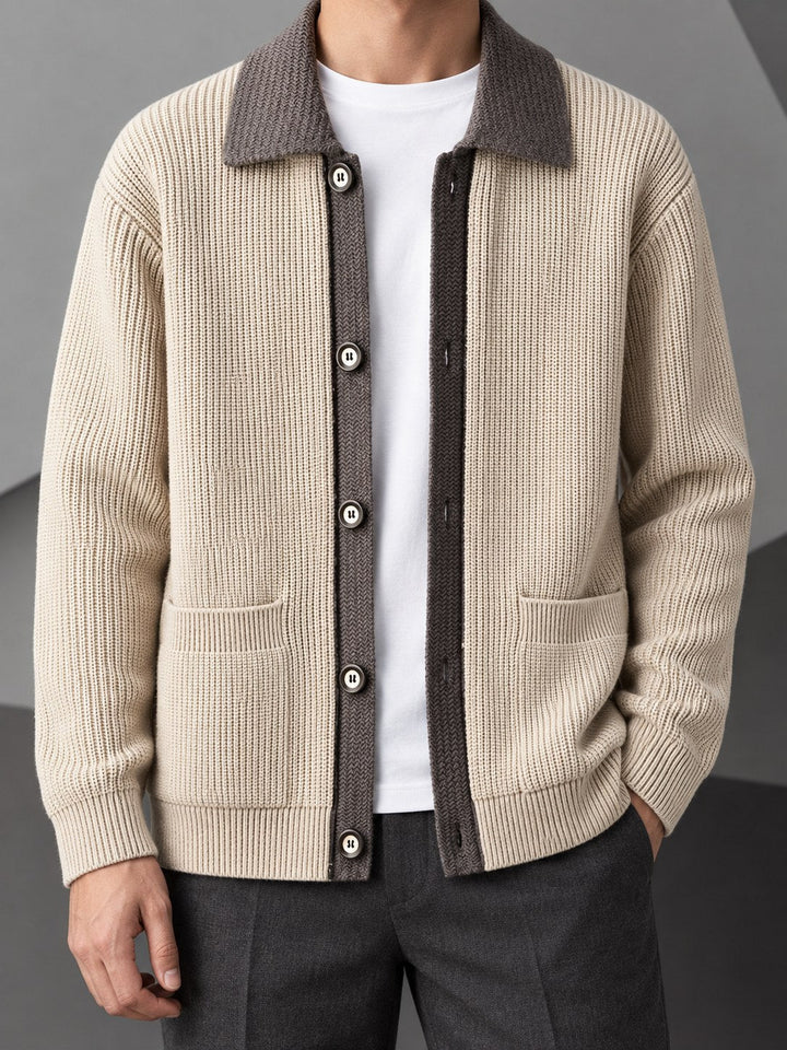 Close-up of the cardigan's ribbed knit texture and contrast collar