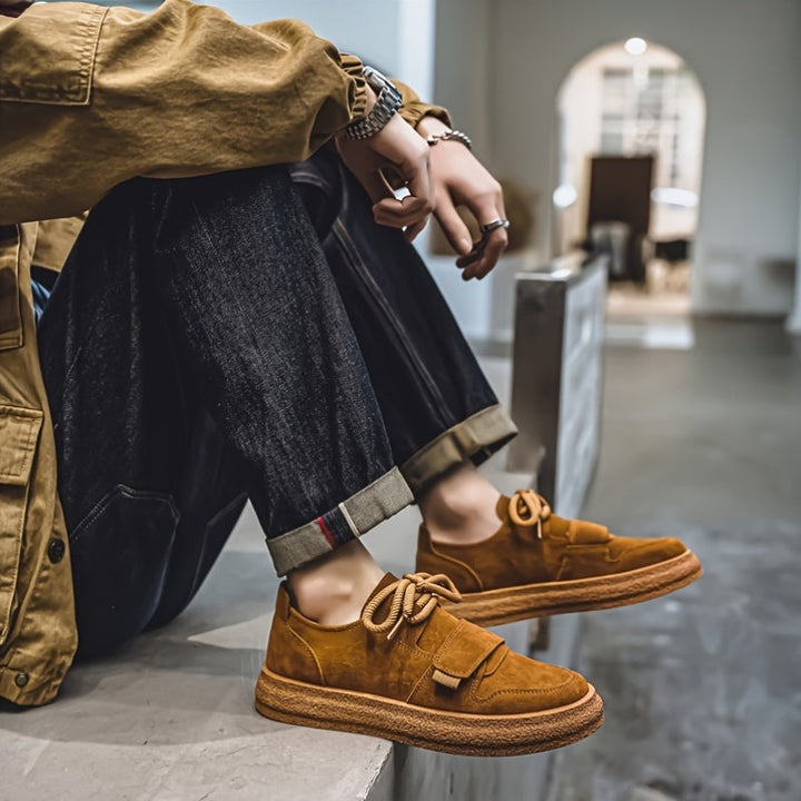 Rear view of men's suede trainers with chunky sole design
