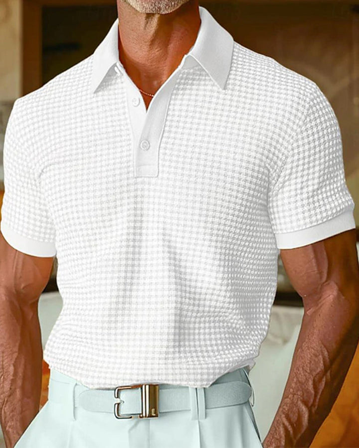 Men's regular fit polo shirt showing lapel collar and button placket
