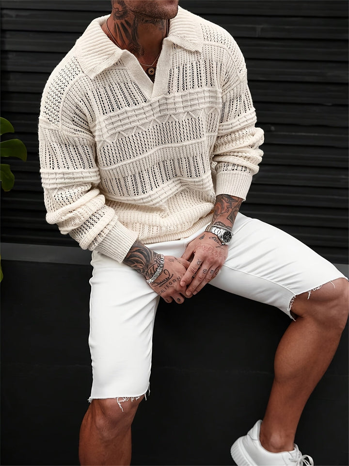 Side view of a men's lattice open knit polo shirt