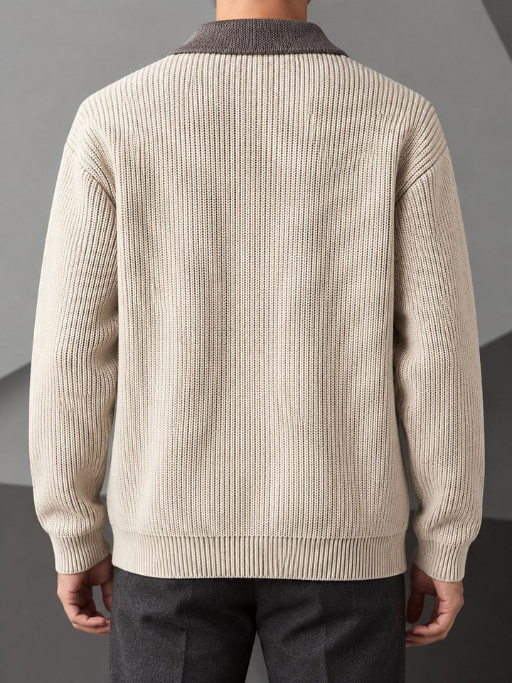 Men's cardigan shown from the side with its structured ribbed finish