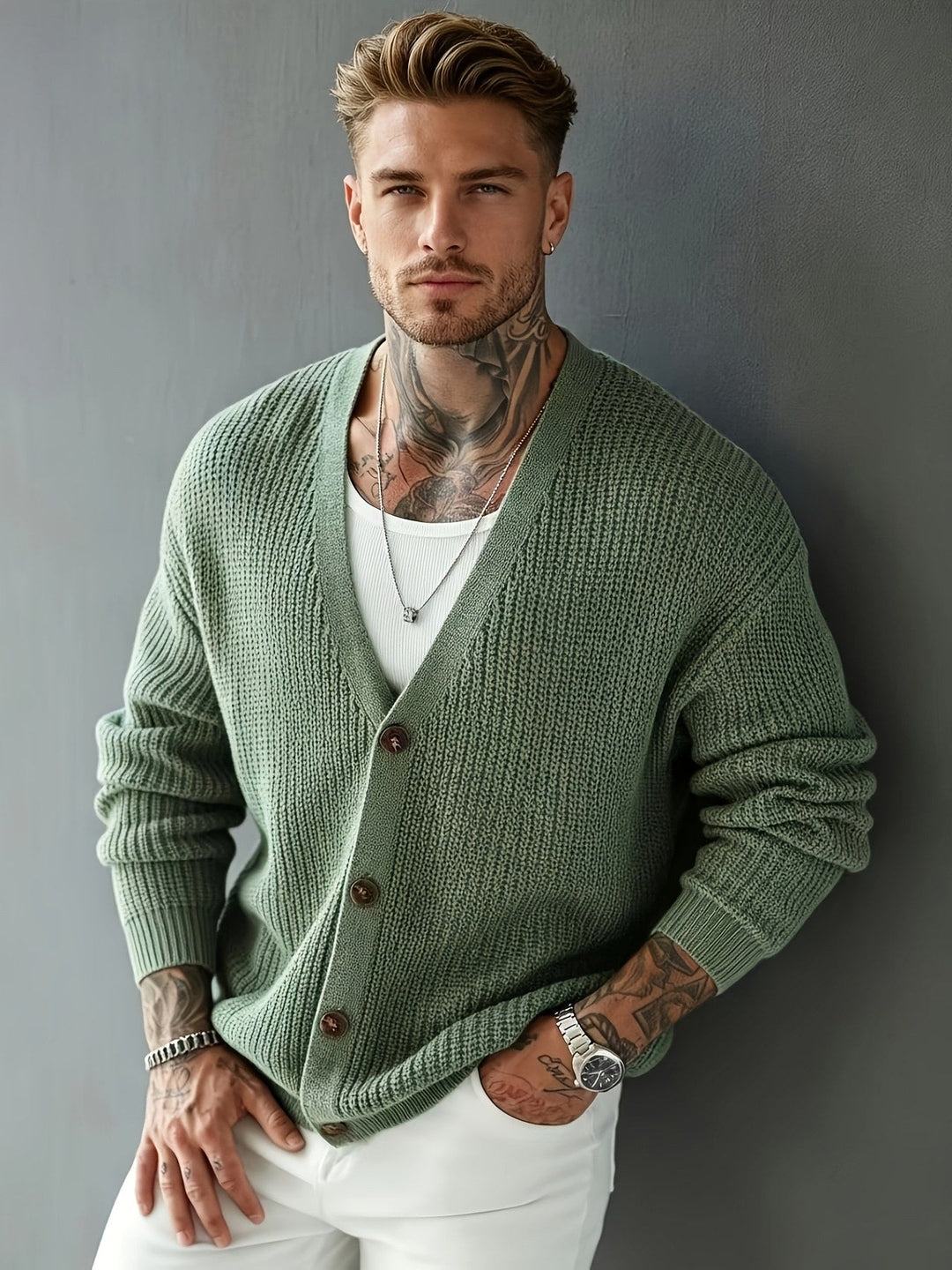 Men's cardigan showing the V-neckline and button front