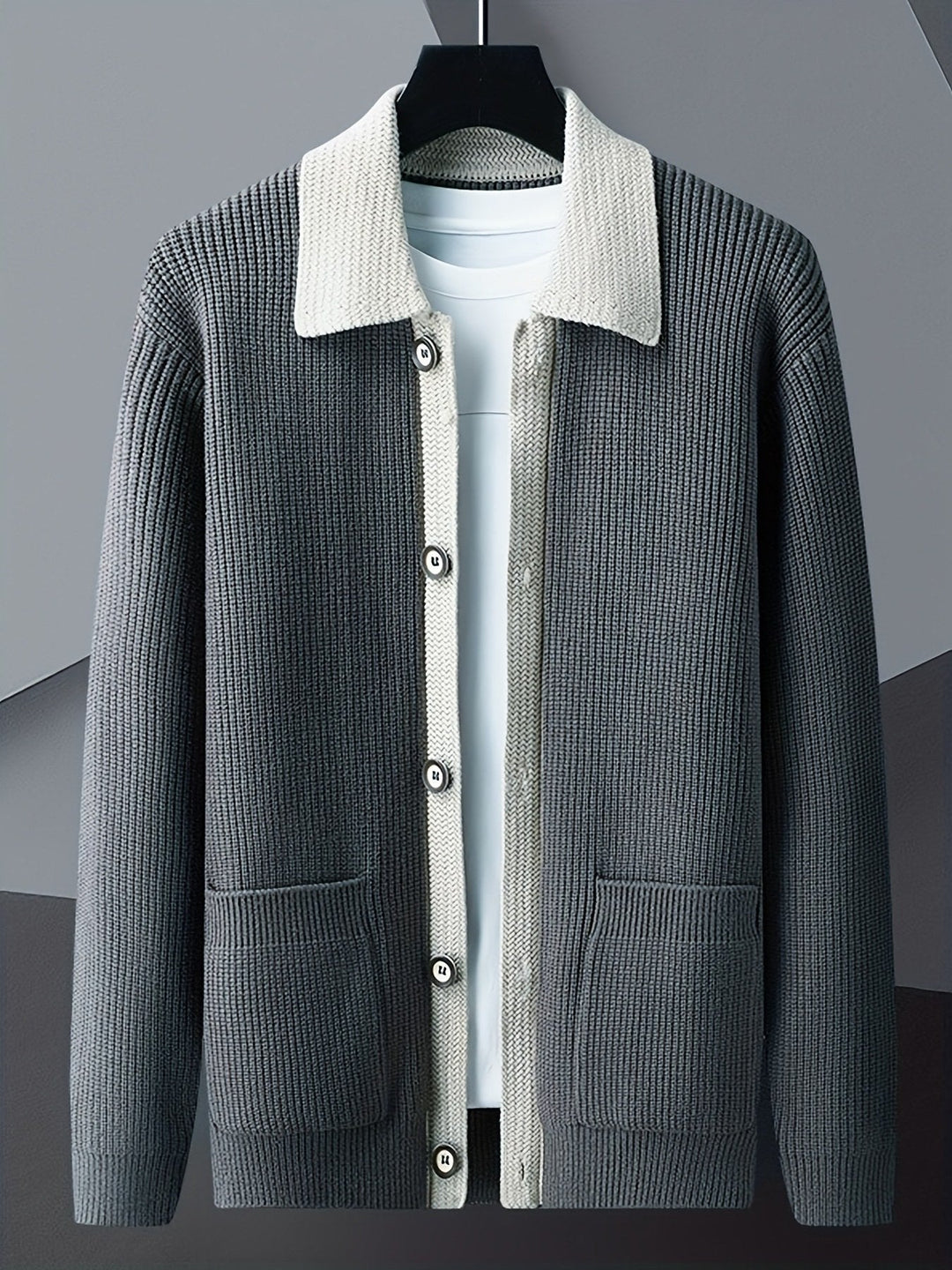 Detail view of the contrast collar on the men's ribbed cardigan