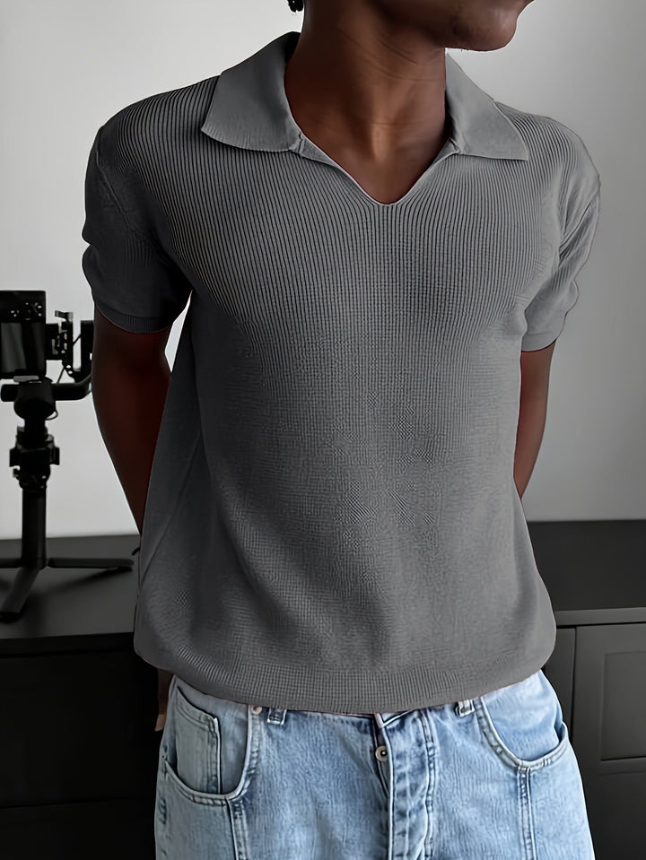 Short sleeves and ribbed knit texture on a men's polo shirt
