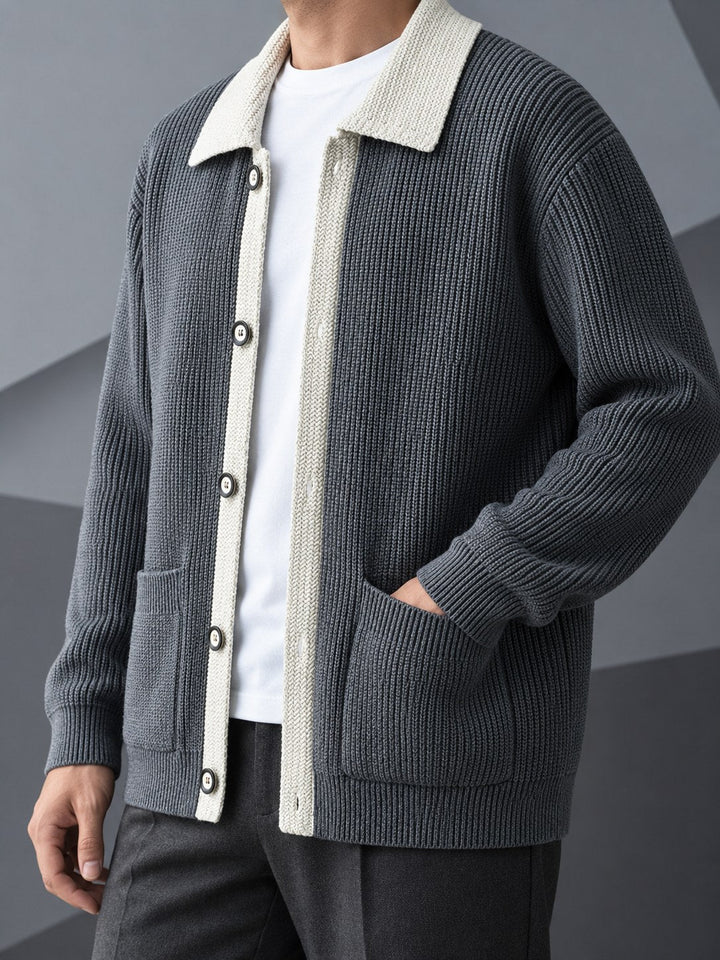 Men's ribbed cardigan styled as an easy everyday layering piece
