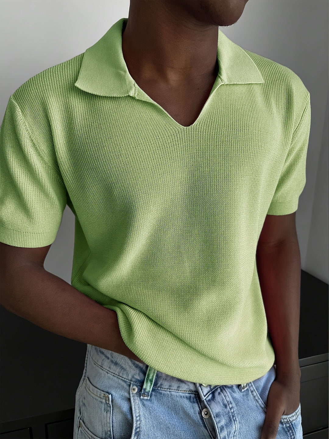 Men's Johnny collar polo styled for a smart-casual outfit