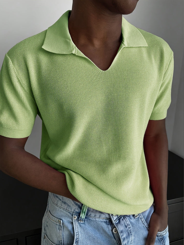Men's Johnny collar polo styled for a smart-casual outfit
