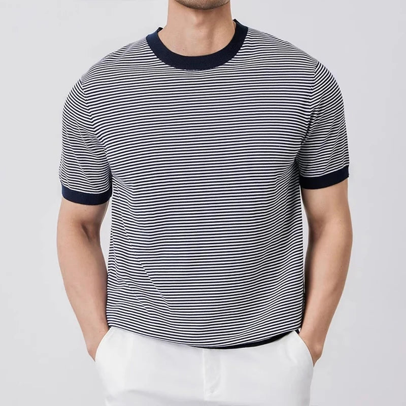 Men Striped Knit Slim-Fit T Shirt Navy Blue Green