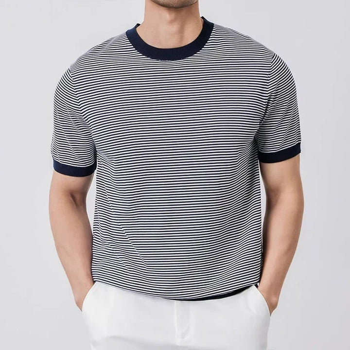 Men Striped Knit Slim-Fit T Shirt Navy Blue Green