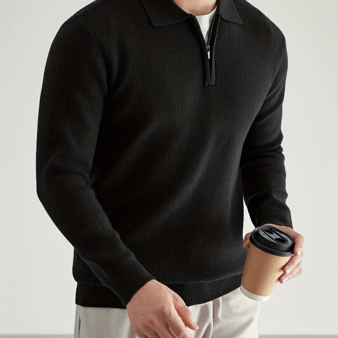 Men's half zip knitted polo jumper shown from the front