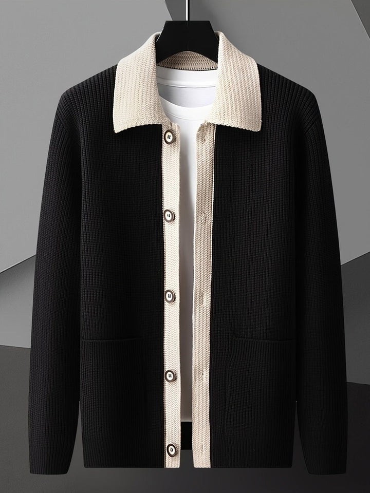 Men's cardigan displayed with the collar and front silhouette visible