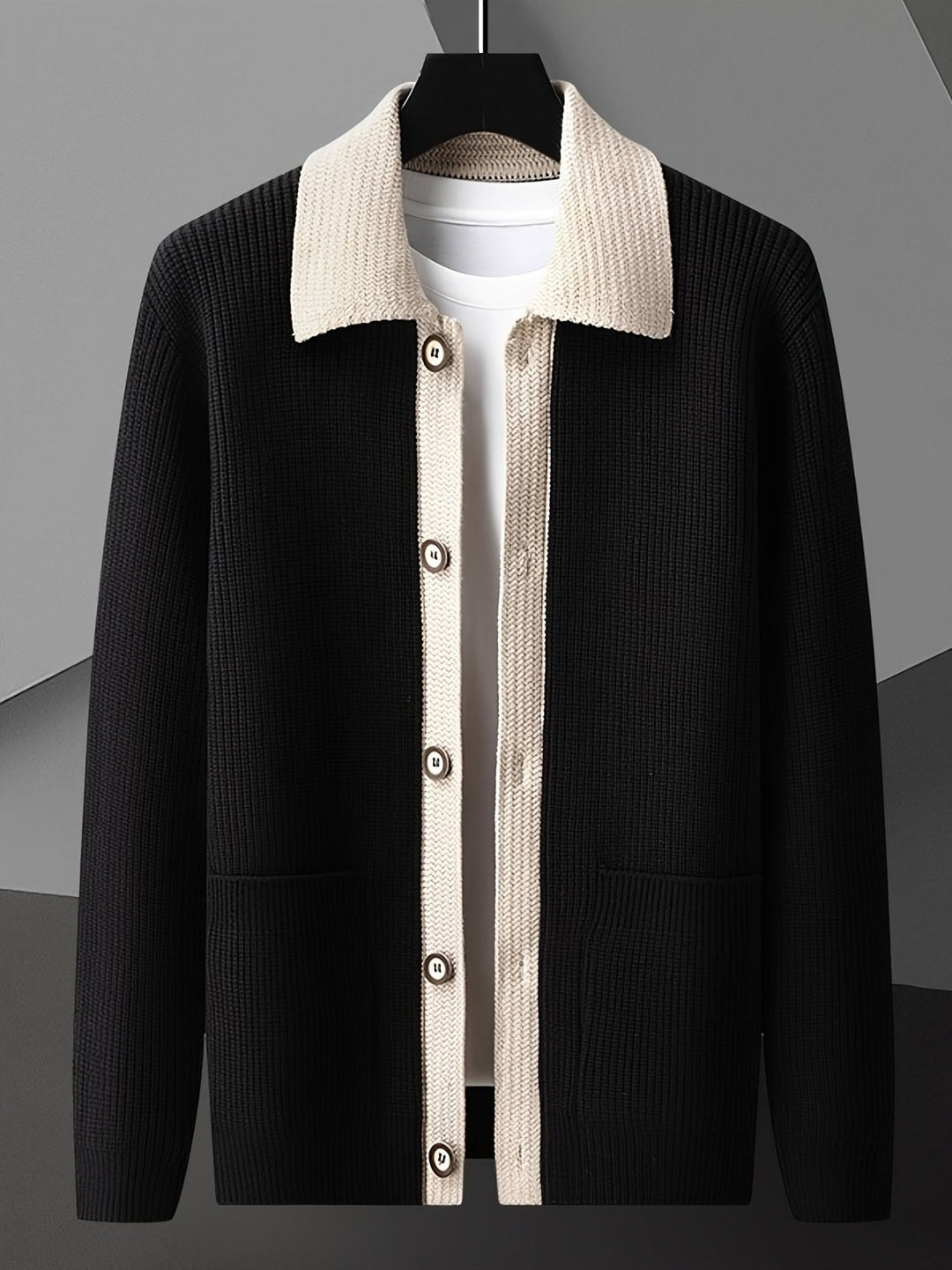 Men's Ribbed Contrast Collar Cardigan