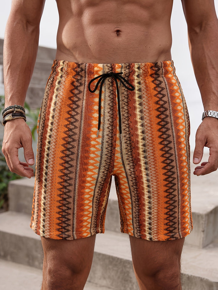 Full-length view of men's relaxed fit Aztec stripe shorts