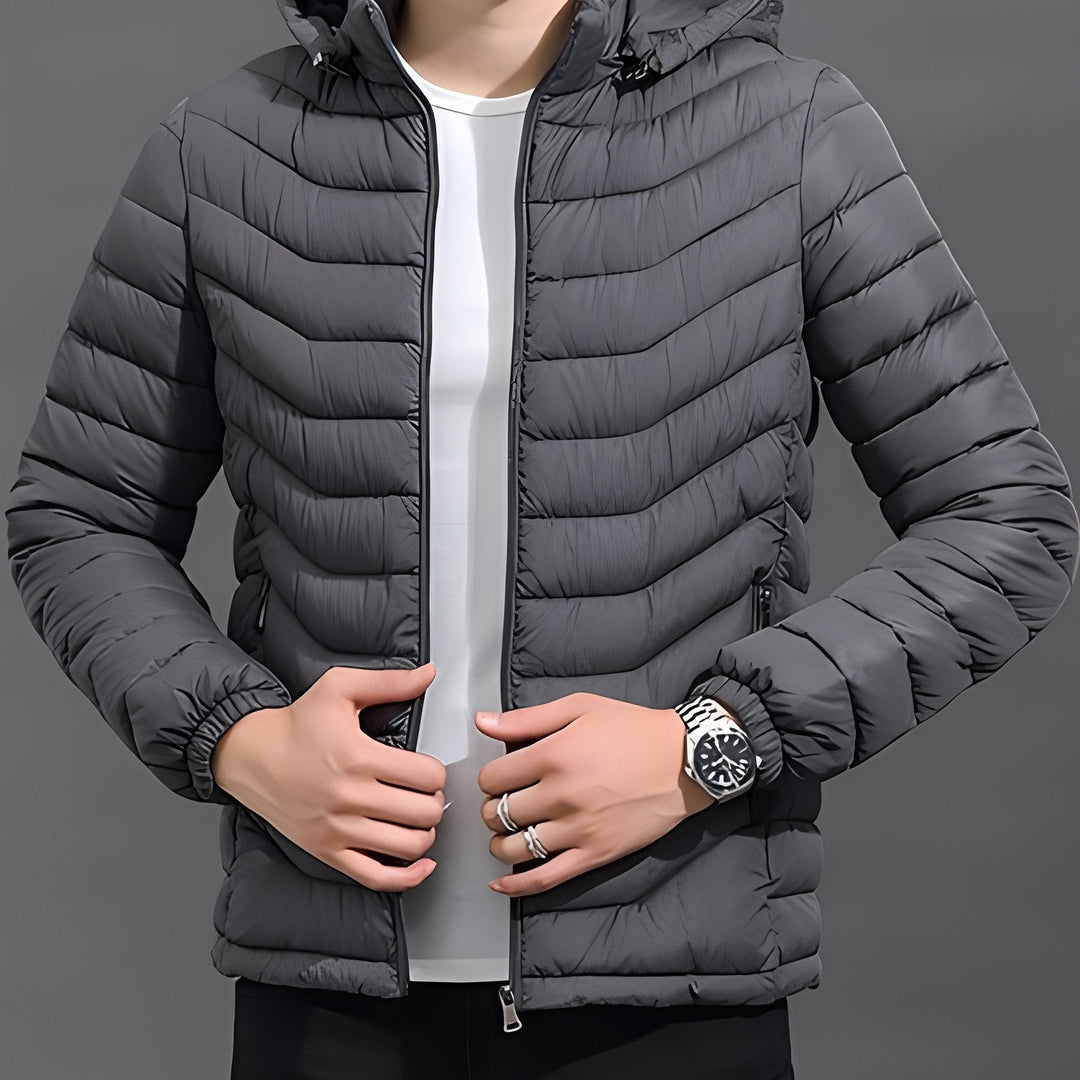 Men's jacket showing the hood and high neckline