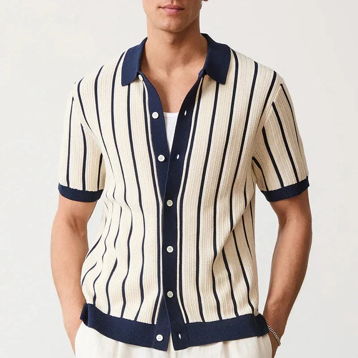 Men's Striped Knit Polo Shirt Patchwork Design White