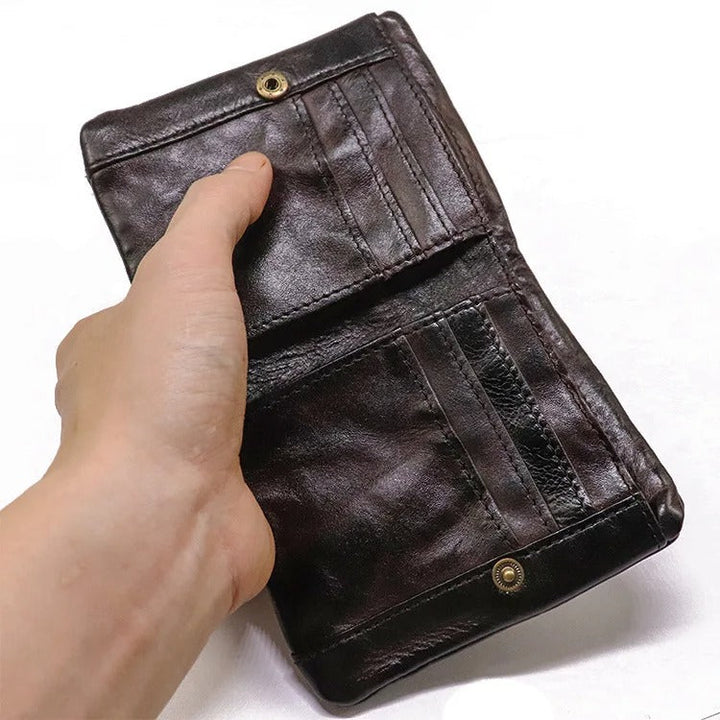 Leather Folded Wallet With Brass Snap Closure