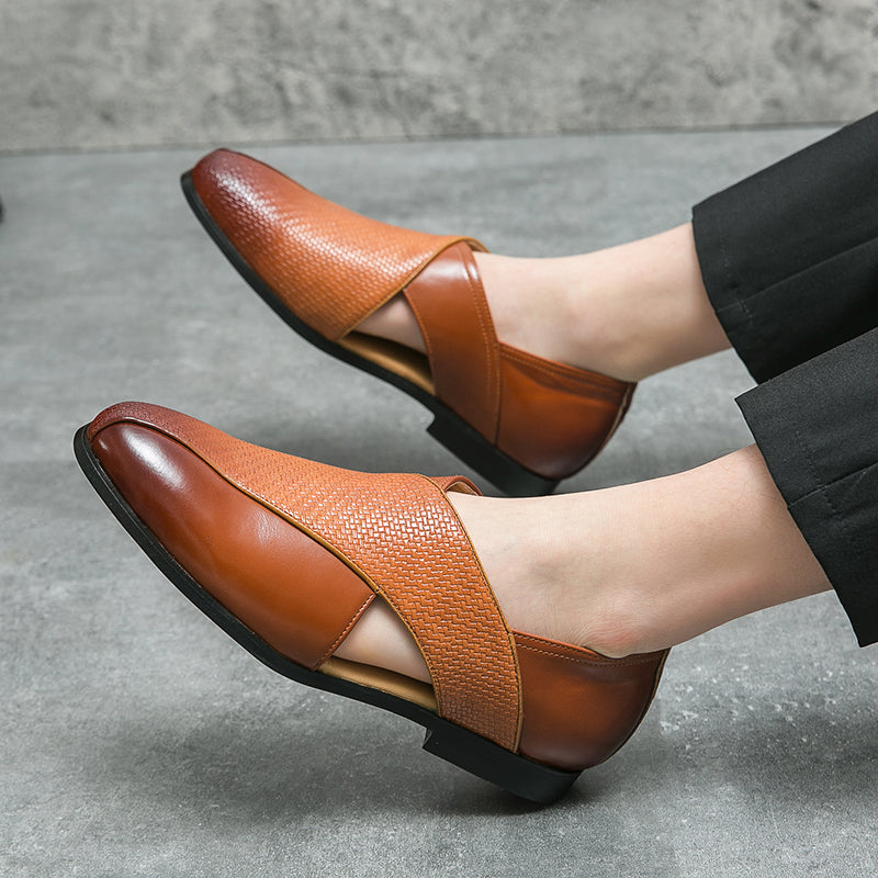 Angled view of woven cross-strap loafers for men