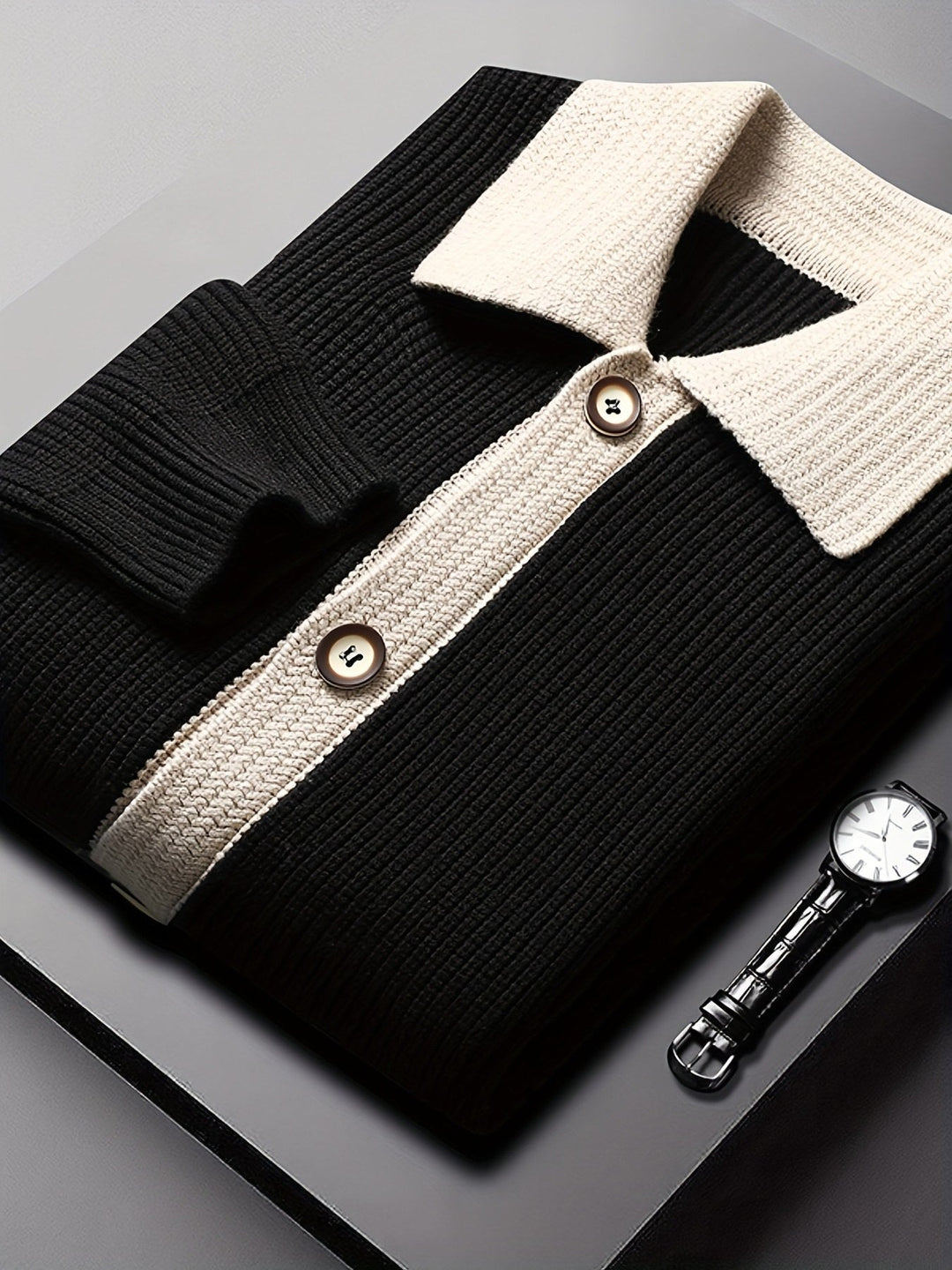 Classic men's ribbed cardigan presented as a smart casual wardrobe staple