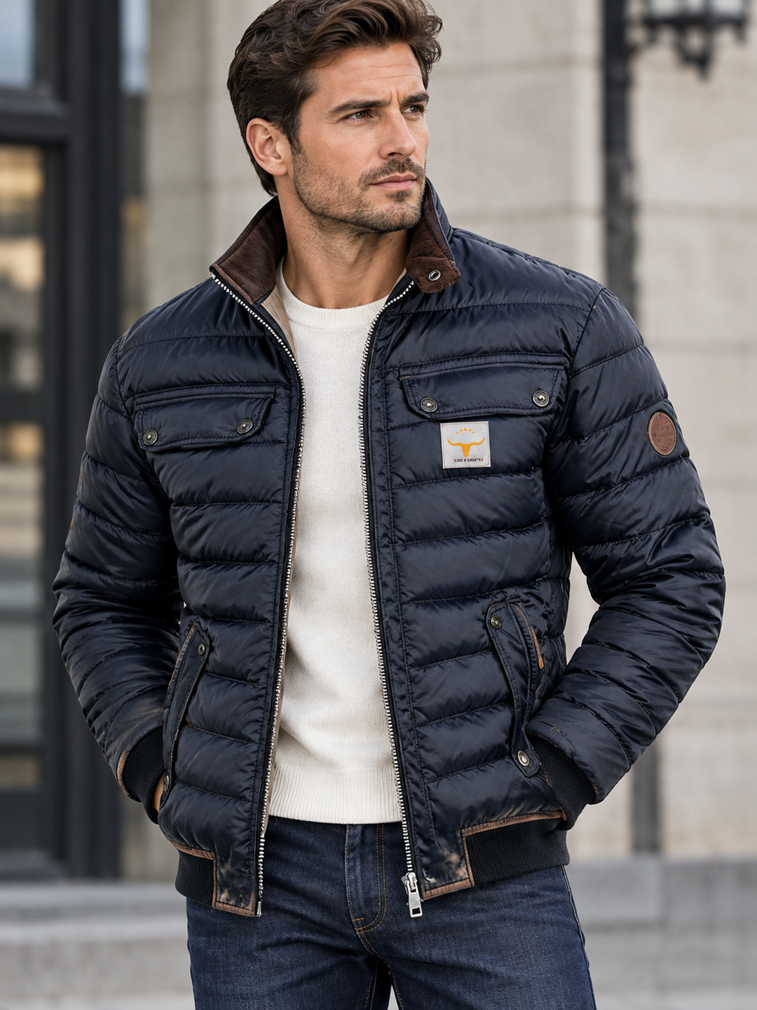 Back view of a men's vintage jacket with a stand collar