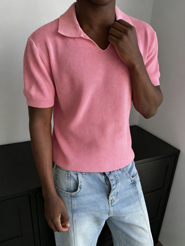 Men's ribbed Johnny collar polo shown in a relaxed everyday style