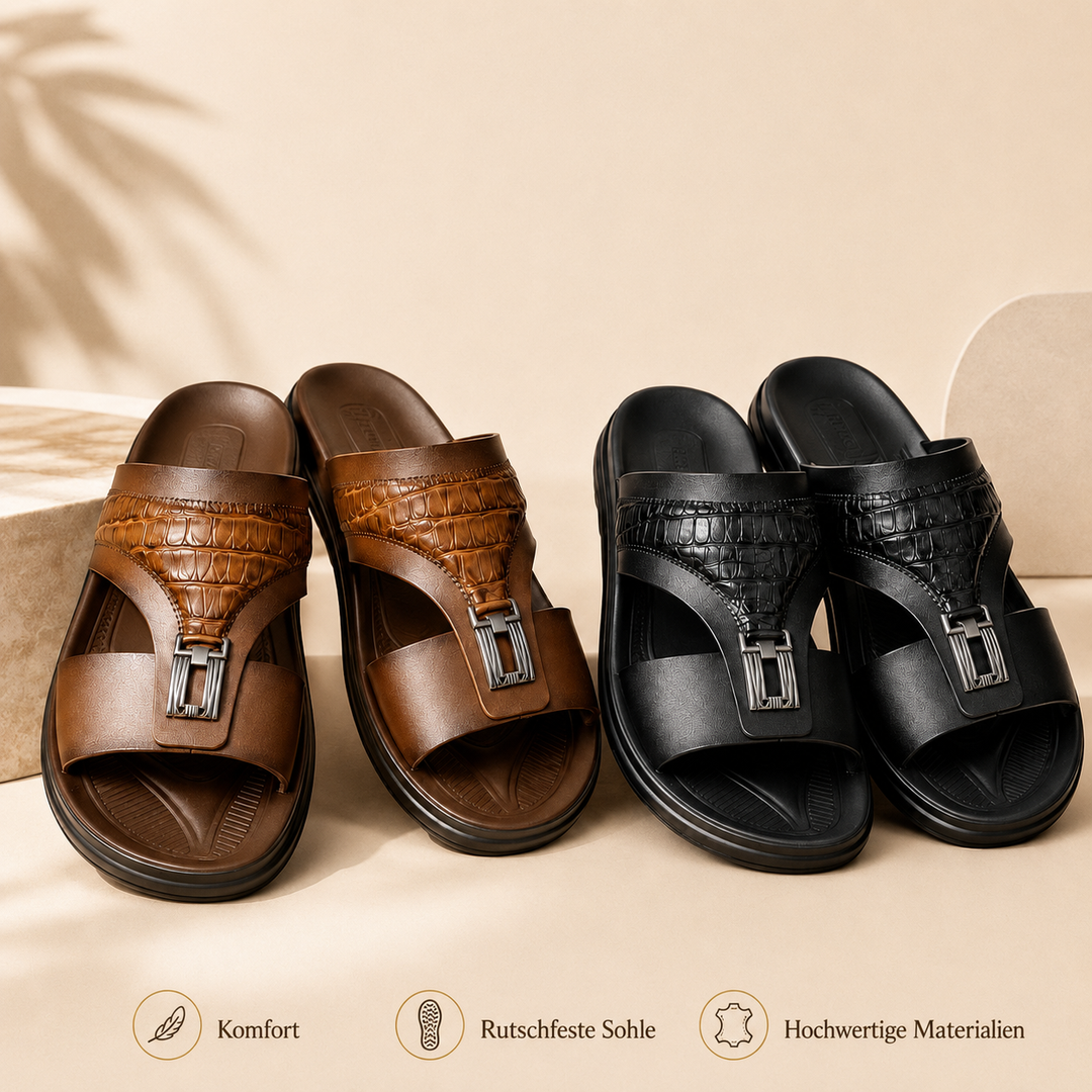 Rear and side profile of men's croc effect slider sandals