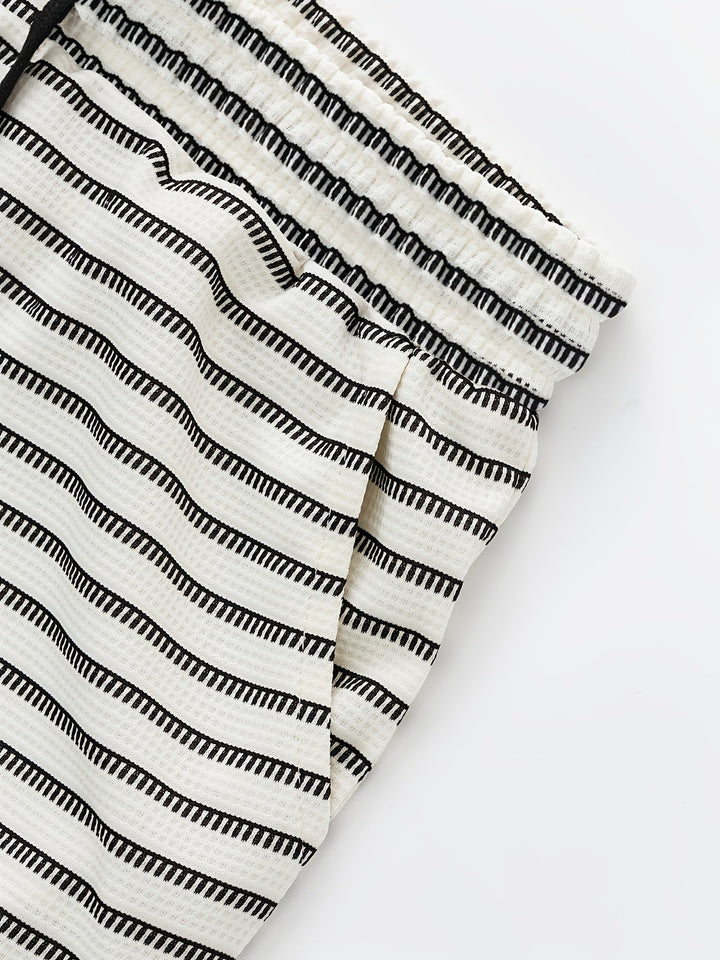 Detail view of the stripe pattern on men's waffle knit shorts
