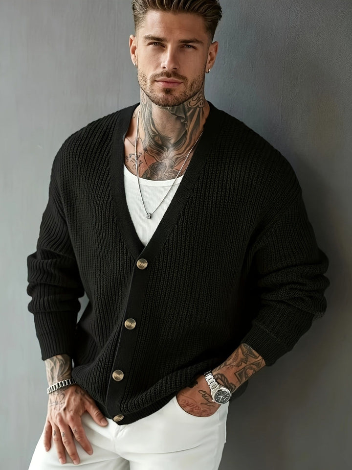 Men's rib-knit cardigan displayed as an everyday wardrobe layer