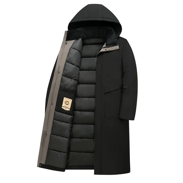 Men's winter outerwear coat with a long, insulating fit