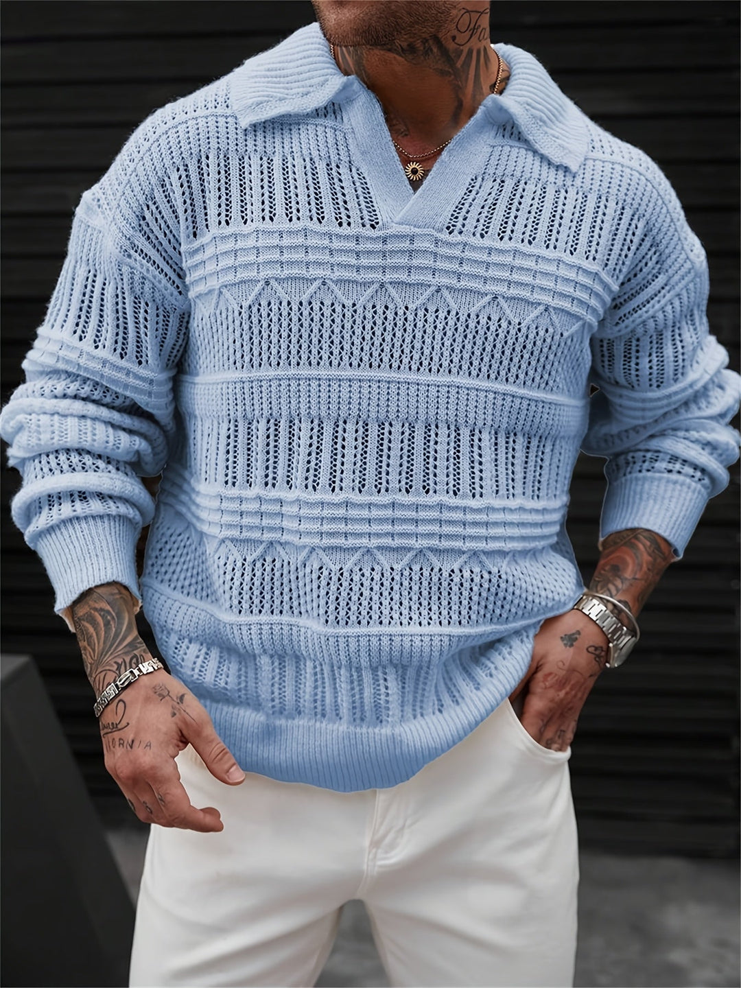 Close-up of the lattice knit texture on a men's polo shirt