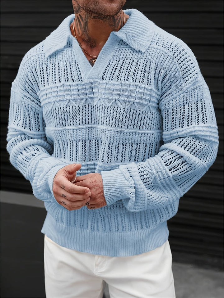 Collar and button placket of a men's open knit polo shirt