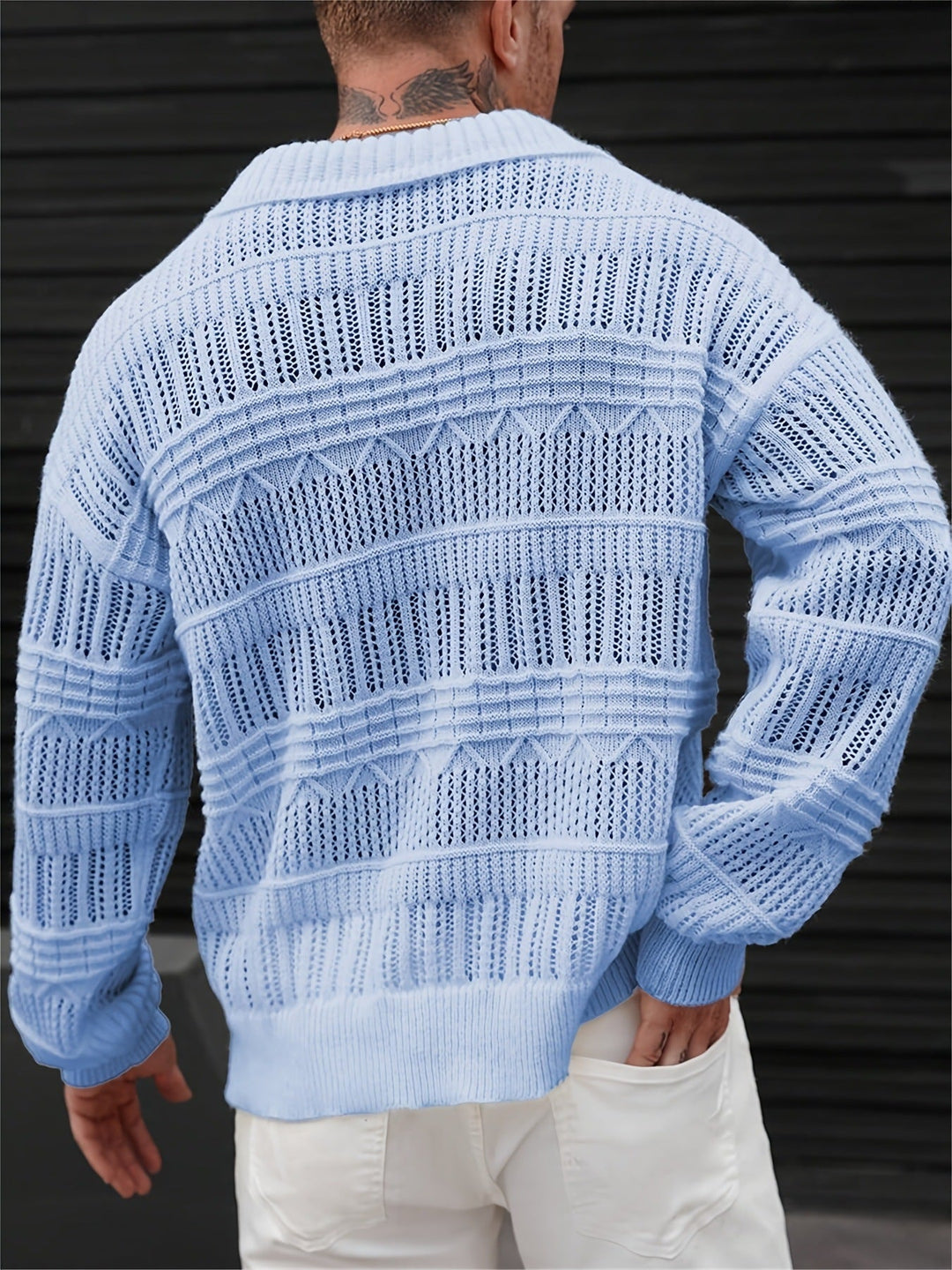 Short-sleeved men's lattice knit polo shirt shown in detail