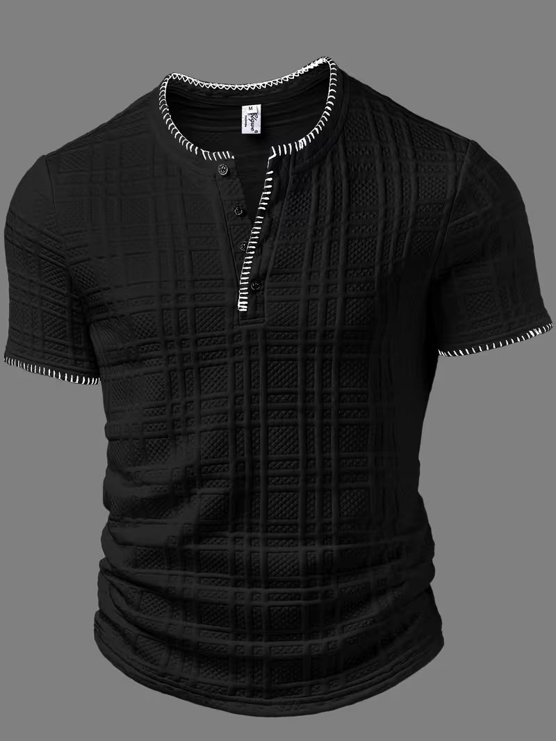 Side view of the men's textured Henley T-shirt in a casual fit