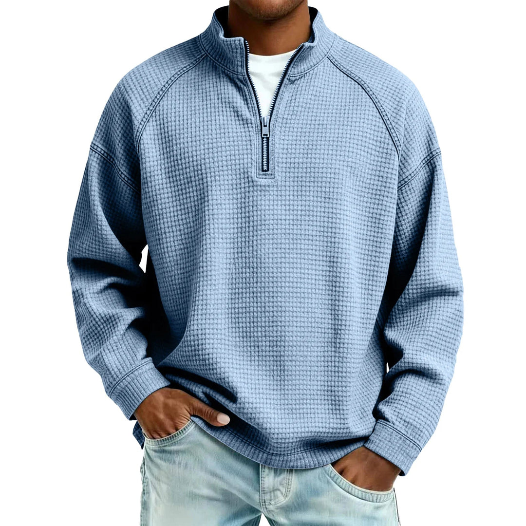 Men Waffle Knit Quarter Zip Pullover Loose Fit Casual Top