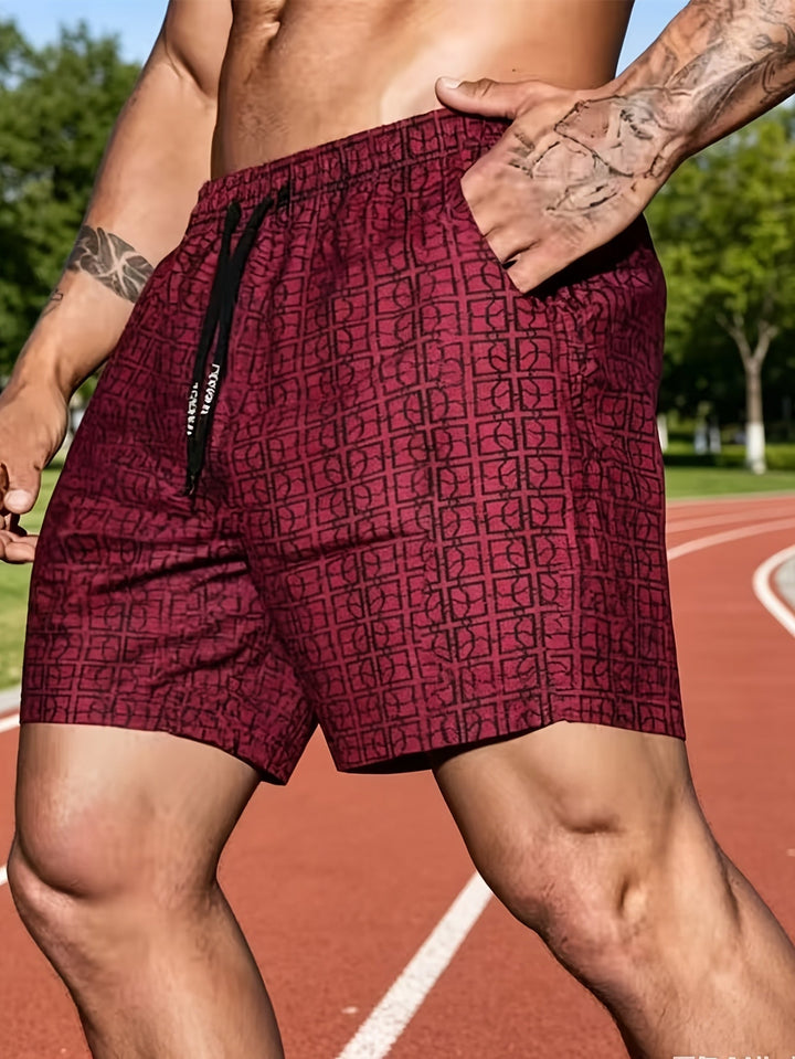 Side view of men's cargo shorts with geometric print and pocket detail