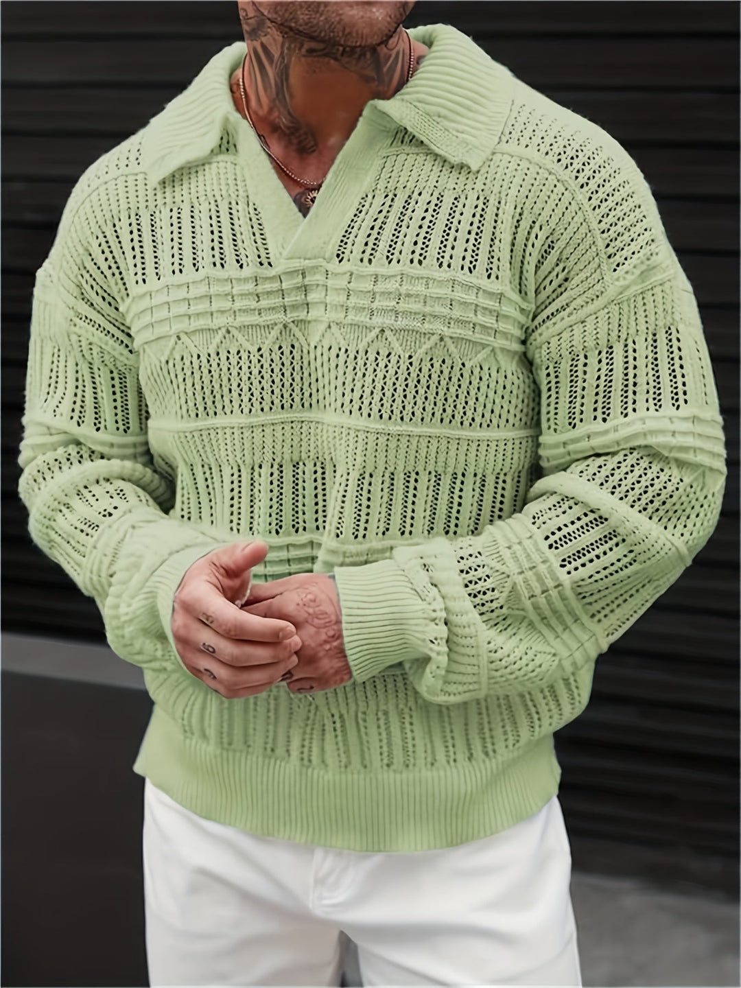 Men's lattice polo shirt styled as a smart casual outfit