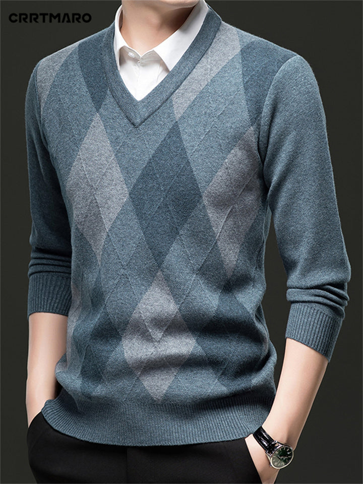 Detail of the V-neck and ribbed trim on a men's jumper