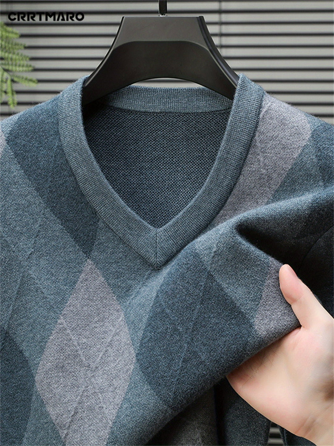 Men's argyle jumper styled for a smart casual outfit