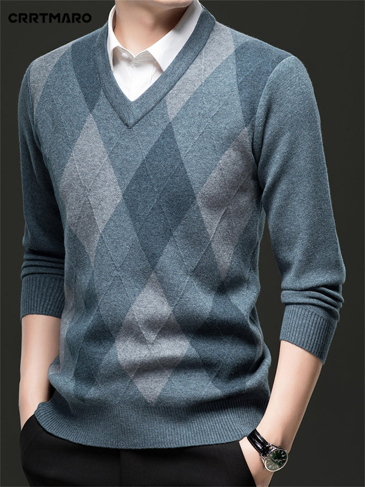 Full view of the men's V-neck argyle jumper
